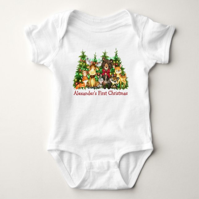 First Christmas Lights Woodland Forest Animals Bow Baby Bodysuit (Front)