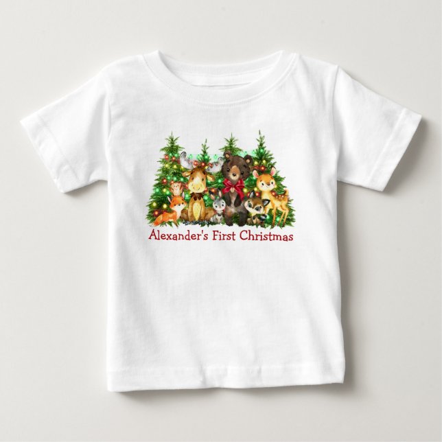 First Christmas Lights Woodland Forest Animals Bow Baby T-Shirt (Front)