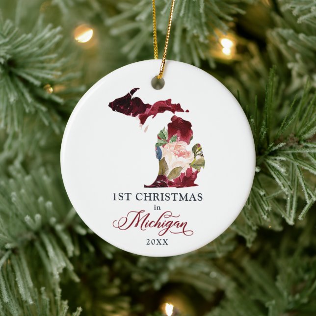First Christmas Living In Michigan MI Personalized Ceramic Ornament (Tree)