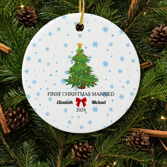 First Christmas Married 2024 Custom Couple  Ceramic Ornament (First Christmas Married 2024 Custom Couple Ceramic Ornament)