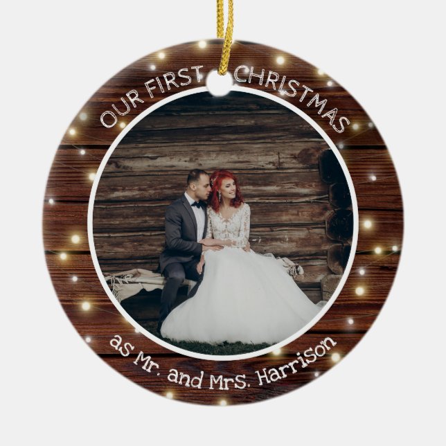 First Christmas Married 2 Photo Rustic Lights Ceramic Ornament (Front)