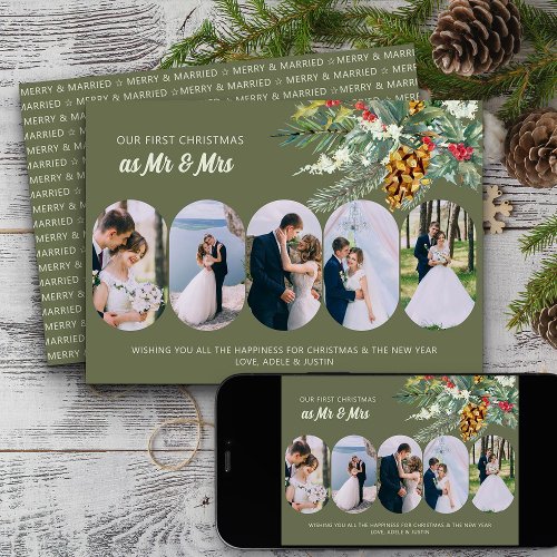 First Christmas Married 5 Photo Holly and Pine Holiday Card