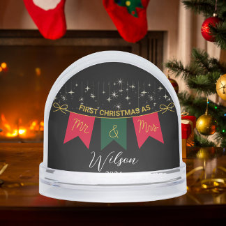 First Christmas Married As Mr. And Mrs Gold Script Snow Globe