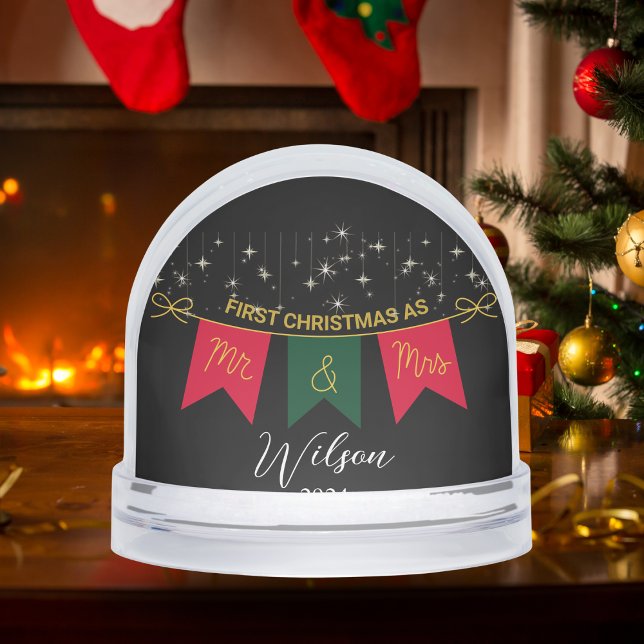 First Christmas Married As Mr. And Mrs Gold Script Snow Globe (First Christmas Married As Mr. And Mrs Gold Script Snow Globes)