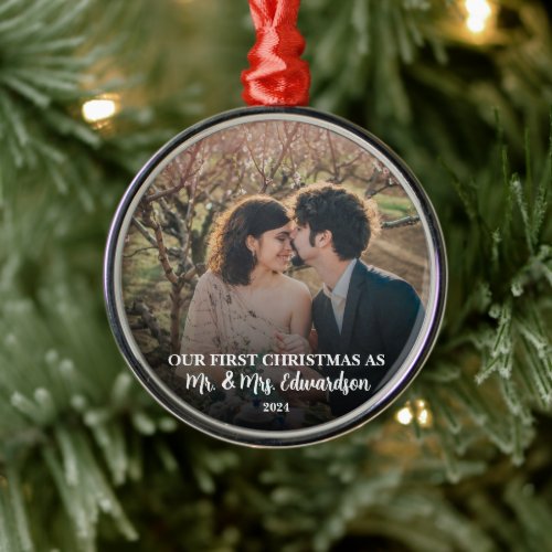 First Christmas married as Mr and Mrs photo Metal Ornament