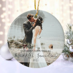 First Christmas Married as Mr. & Mrs. PHOTO Ceramic Ornament<br><div class="desc">Elegant Christmas holiday  photo ornament for first married Mr. and Mrs Name.  Personalize them by adding your name.  Makes a perfect keepsake gift for your spouse (husband or wife)</div>