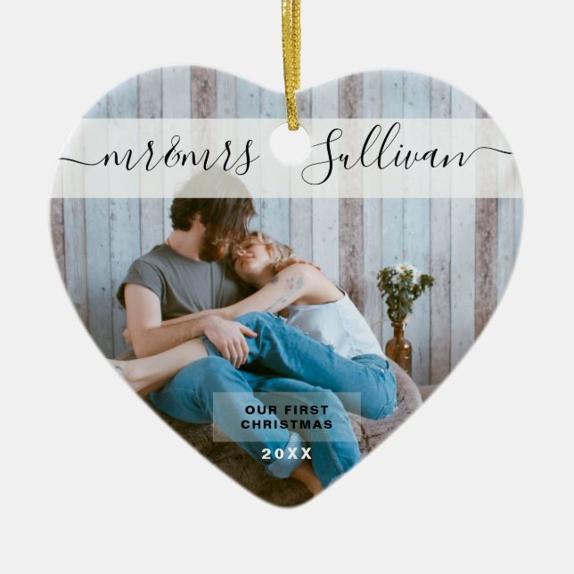 First Christmas Married as Mr. & Mrs. PHOTO Heart Ceramic Ornament (Front)