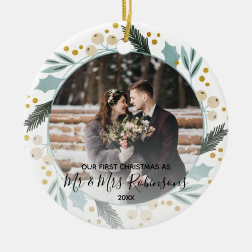 First Christmas Married as Mr  Mrs Photo Modern Ceramic Ornament