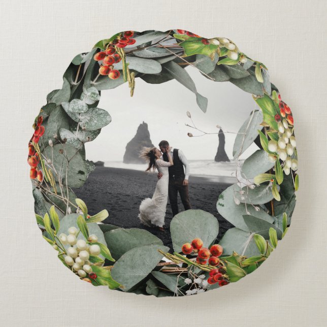 First Christmas Married as Mr. & Mrs. Photo Round Pillow (Front)