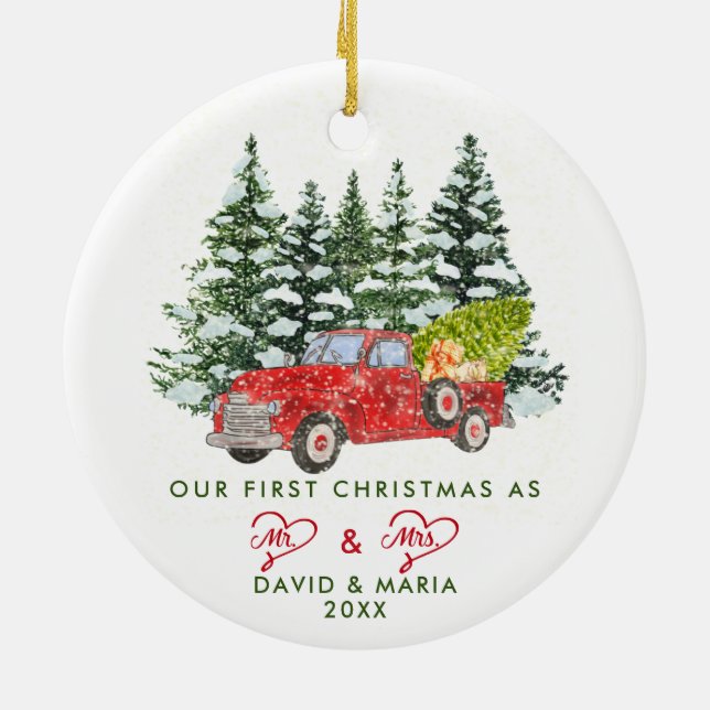 First Christmas Married as Mr. & Mrs. Red Truck Ceramic Ornament (Back)