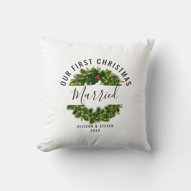 First Christmas Married Berry Wreath Personalized Throw Pillow (Front)