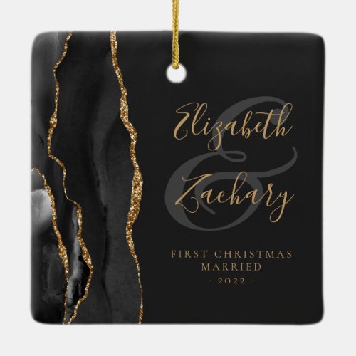 First Christmas Married Black Agate Gold Script Ceramic Ornament