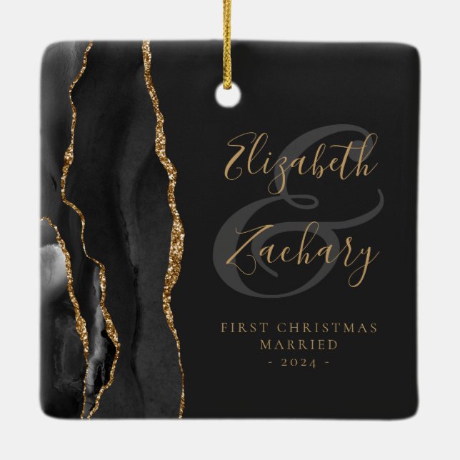 First Christmas Married Black Agate Gold Script Ceramic Ornament (Back)