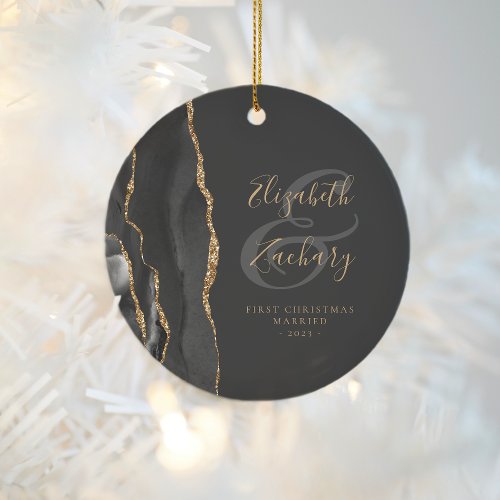 First Christmas Married Black Agate Gold Script Ceramic Ornament