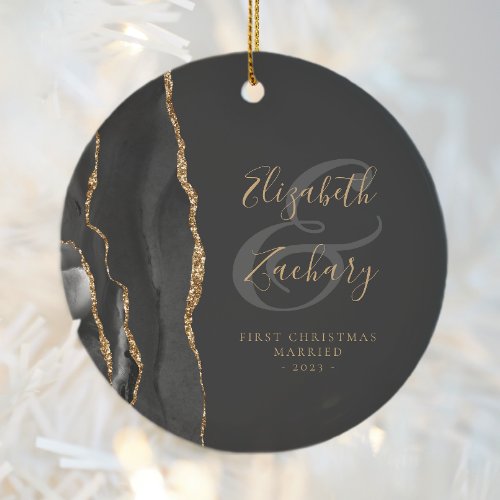 First Christmas Married Black Agate Gold Script Ceramic Ornament