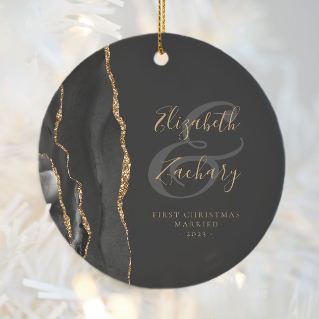 First Christmas Married Black Agate Gold Script Ceramic Ornament (Creator Uploaded)