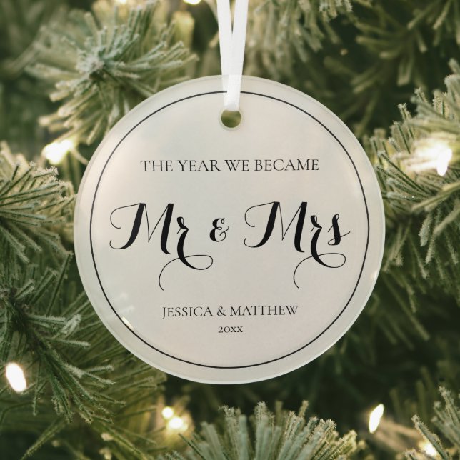First Christmas Married Black and White Mr and Mrs Glass Ornament (Insitu)