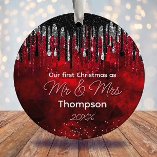 First Christmas married black red  glitter drips Ceramic Ornament