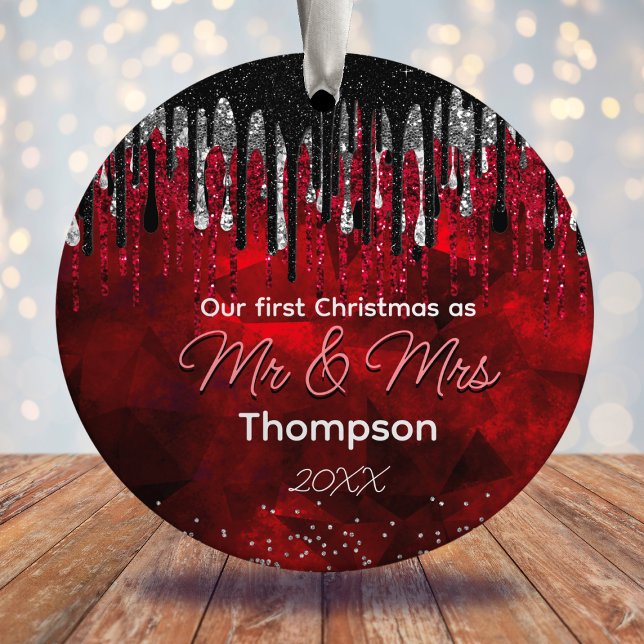 First Christmas married black red  glitter drips Ceramic Ornament (Creator Uploaded)