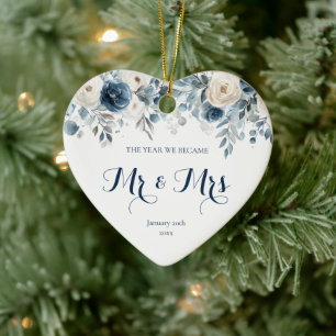 First Christmas Married Blue Floral Mr and Mrs Ceramic Ornament