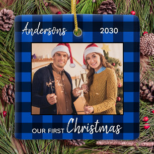First Christmas Married Blue Plaid Couple Photo Ceramic Ornament