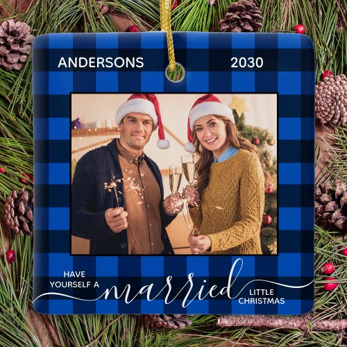 First Christmas Married Blue Plaid Newlywed Photo Ceramic Ornament