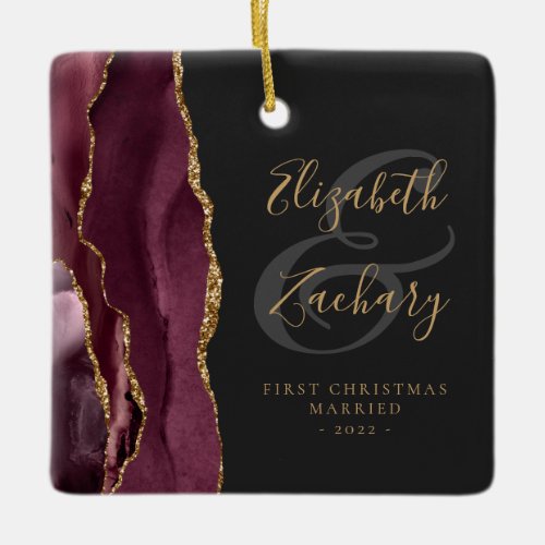First Christmas Married Burgundy Agate Gold Script Ceramic Ornament