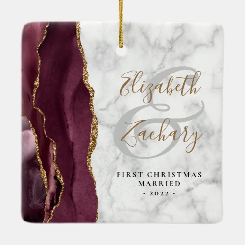 First Christmas Married Burgundy Agate Marble Gold Ceramic Ornament