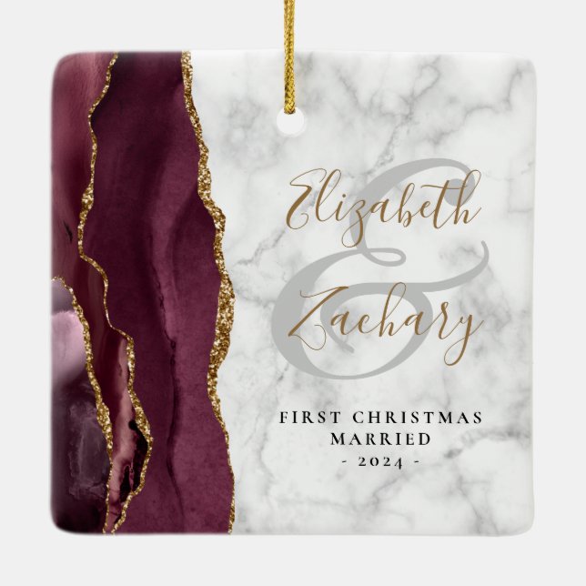 First Christmas Married Burgundy Agate Marble Gold Ceramic Ornament (Back)