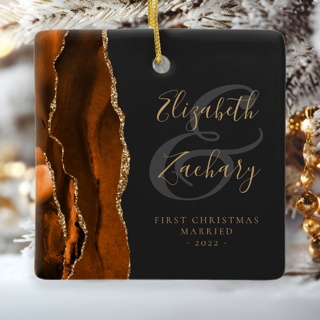 First Christmas Married Burnt Orange Agate Gold Ceramic Ornament (Creator Uploaded)