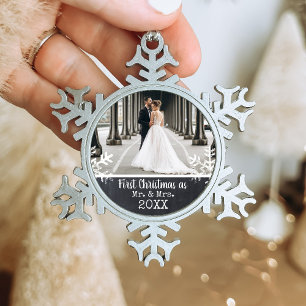 First Christmas Married Charcoal Grey Snowflake Pewter Christmas Ornament