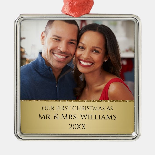 First Christmas Married Chic Gold with Photo Metal Ornament (Front)