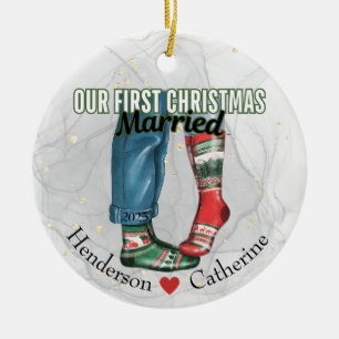 First Christmas Married Couple in Socks Ceramic Ornament