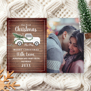 First Christmas Married Couple Truck Wood Photo Holiday Card