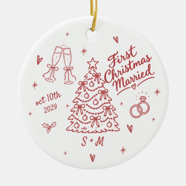 First Christmas Married Custom Date Initials Red Ceramic Ornament (Front)