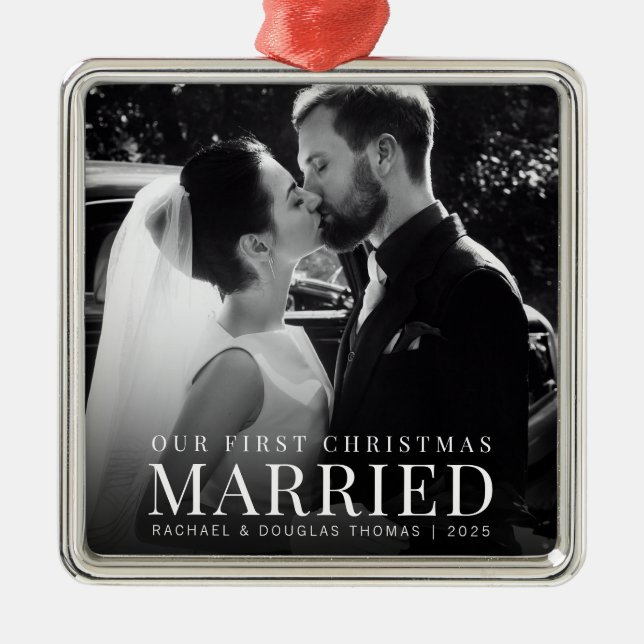 First Christmas Married | Custom Newlywed Photo Metal Ornament (Front)