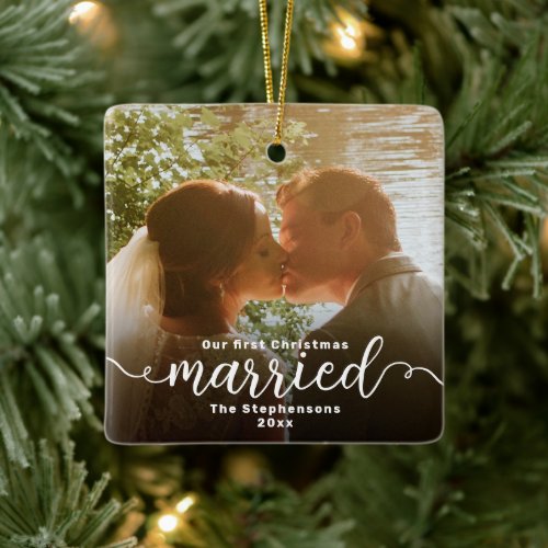 First Christmas Married Double Sided Photo Ceramic Ornament