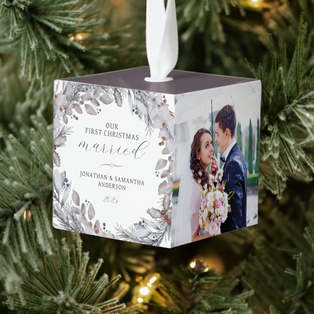 First Christmas Married Elegant Foliage Christmas Cube Ornament (Tree)