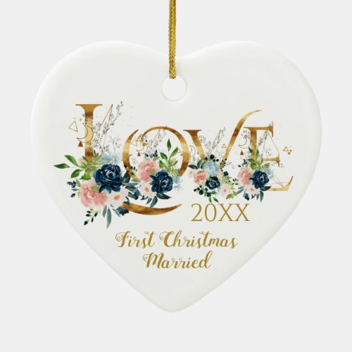 First Christmas Married Elegant Love Typography Ceramic Ornament