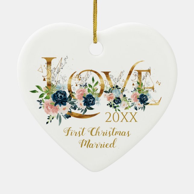 First Christmas Married Elegant Love Typography Ceramic Ornament (Back)