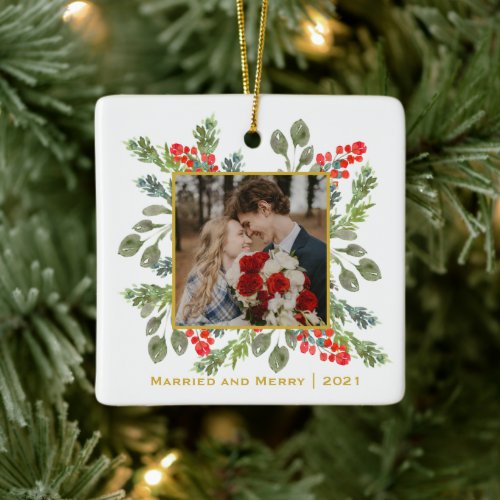 First Christmas Married Elegant Watercolor Foliage Ceramic Ornament
