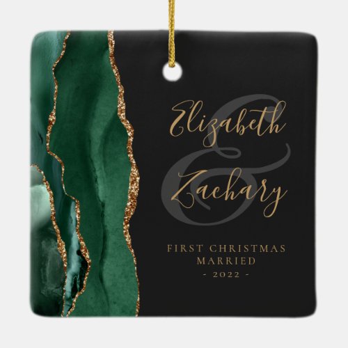 First Christmas Married Emerald Agate Gold Script Ceramic Ornament