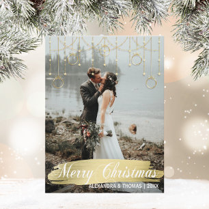 First Christmas Married Engaged Gold   PHOTO Holiday Postcard