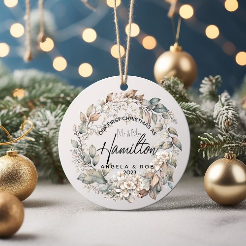 First Christmas Married Floral Leaf Wreath  Ceramic Ornament