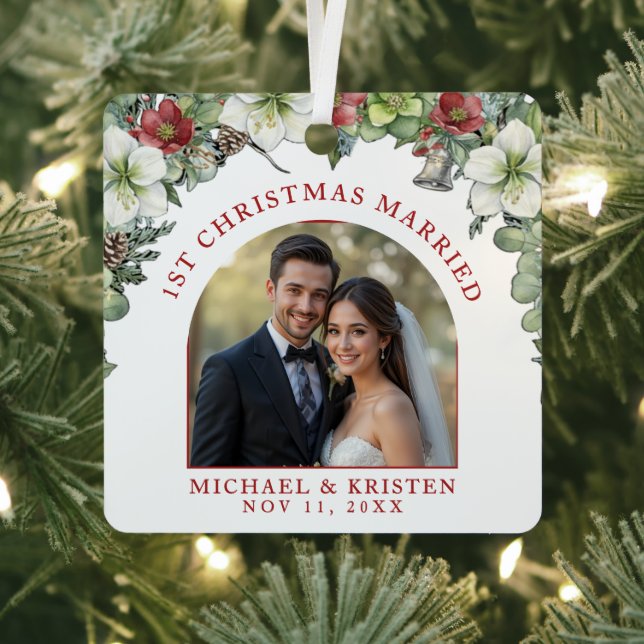 First Christmas Married Floral Photo Wedding White Metal Ornament (Insitu)