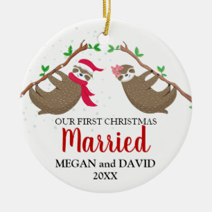 First Christmas married Funny Sloths Ceramic Ornament