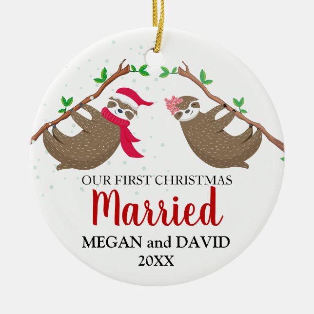First Christmas married Funny Sloths Ceramic Ornament (Front)