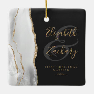 First Christmas Married Gray Agate Gold Script Ceramic Ornament