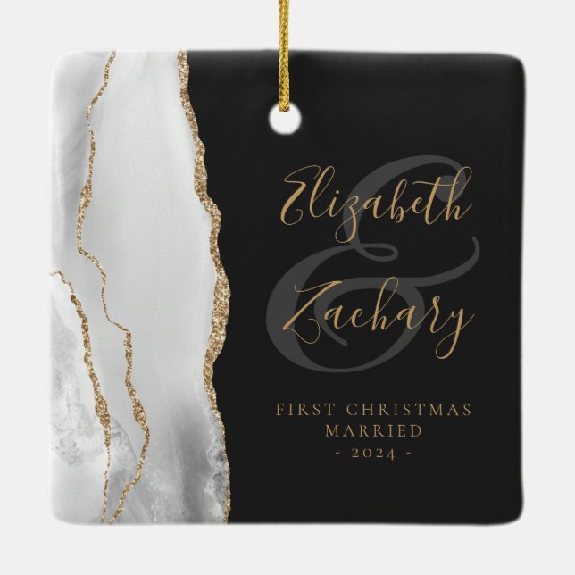 First Christmas Married Gray Agate Gold Script Ceramic Ornament (Back)
