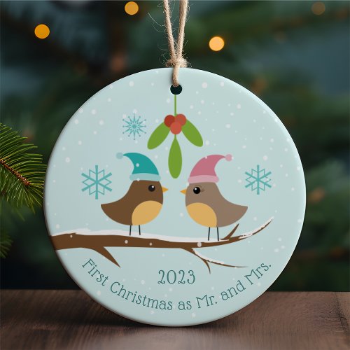 First Christmas Married Holiday Love Birds Photo Ceramic Ornament